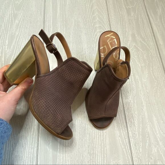 Kelsi Dagger Brown & Gold Leather Open Toe Chunky Heel Slingback Mule Size 8.5 - Picture 1 of 12